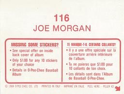 1984 O-Pee-Chee Stickers #116 Joe Morgan Back