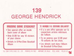 1984 O-Pee-Chee Stickers #139 George Hendrick Back