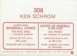 1984 O-Pee-Chee Stickers #308 Ken Schrom Back