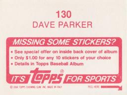 1984 Topps Stickers #130 Dave Parker Back