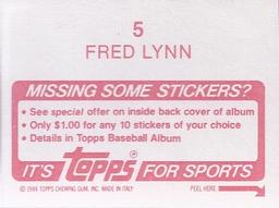 1984 Topps Stickers #5 Fred Lynn Back