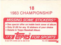 1984 Topps Stickers #18 1983 Championship Back