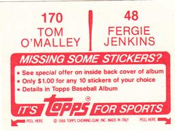 1984 Topps Stickers #48 / 170 Fergie Jenkins / Tom O'Malley Back