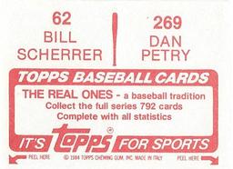 1984 Topps Stickers #62 / 269 Bill Scherrer / Dan Petry Back