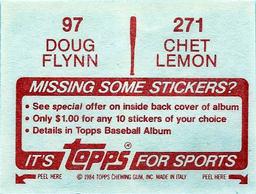1984 Topps Stickers #97 / 271 Doug Flynn / Chet Lemon Back