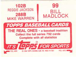 1984 Topps Stickers #99 / 102B/ 288B Bill Madlock / Reggie Jackson / Mike Warren Back