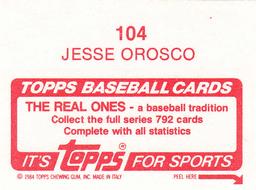 1984 Topps Stickers #104 Jesse Orosco Back