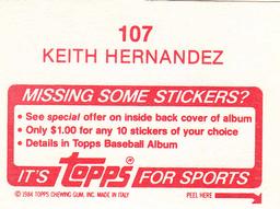 1984 Topps Stickers #107 Keith Hernandez Back