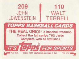 1984 Topps Stickers #110 / 209 Walt Terrell / John Lowenstein Back