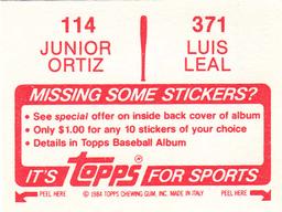 1984 Topps Stickers #114 / 371 Junior Ortiz / Luis Leal Back