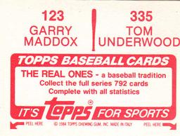 1984 Topps Stickers #123 / 335 Tom Underwood / Garry Maddox Back