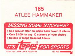 1984 Topps Stickers #165 Atlee Hammaker Back