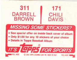 1984 Topps Stickers #171 / 311 Chili Davis / Darrell Brown Back
