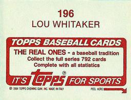 1984 Topps Stickers #196 Lou Whitaker Back