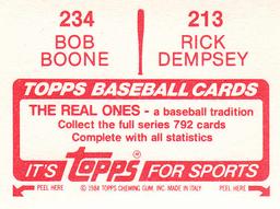 1984 Topps Stickers #213 / 234 Rick Dempsey / Bob Boone Back
