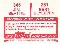 1984 Topps Stickers #261 / 346 Bert Blyleven / Jim Beattie Back