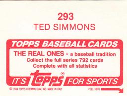 1984 Topps Stickers #293 Ted Simmons Back