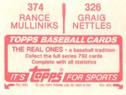 1984 Topps Stickers #326 / 374 Graig Nettles / Rance Mulliniks Back