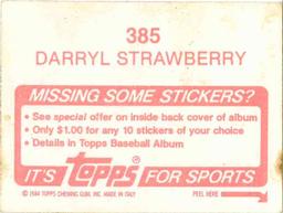 1984 Topps Stickers #385 Darryl Strawberry Back
