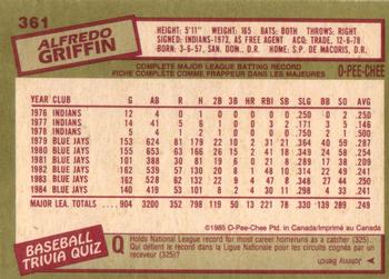 1985 O-Pee-Chee #361 Alfredo Griffin Back