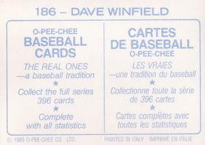 1985 O-Pee-Chee Stickers #186 Dave Winfield Back