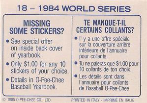 1985 O-Pee-Chee Stickers #18 1984 World Series Back