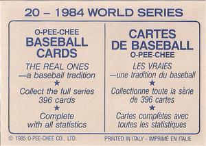 1985 O-Pee-Chee Stickers #20 1984 World Series Back