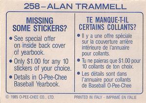 1985 O-Pee-Chee Stickers #258 Alan Trammell Back
