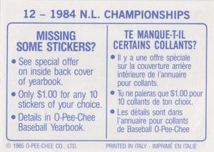 1985 O-Pee-Chee Stickers #12 1984 N.L. Championships Back