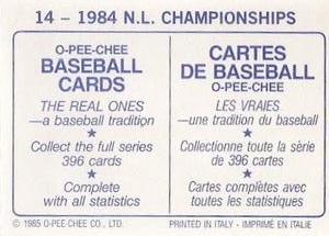 1985 O-Pee-Chee Stickers #14 1984 N.L. Championships Back