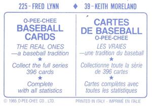1985 O-Pee-Chee Stickers #39 / 225 Keith Moreland / Fred Lynn Back