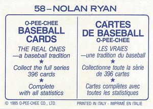 1985 O-Pee-Chee Stickers #58 Nolan Ryan Back