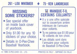 1985 O-Pee-Chee Stickers #75 / 261 Ken Landreaux / Lou Whitaker Back