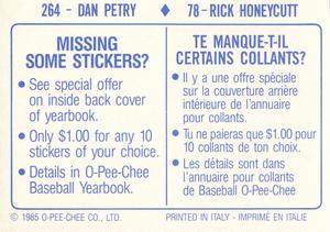 1985 O-Pee-Chee Stickers #78 / 264 Rick Honeycutt / Dan Petry Back