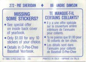 1985 O-Pee-Chee Stickers #86 / 272 Andre Dawson / Pat Sheridan Back