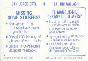 1985 O-Pee-Chee Stickers #87 / 273 Tim Wallach / Jorge Orta Back