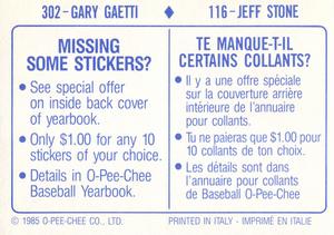 1985 O-Pee-Chee Stickers #116 / 302 Jeff Stone / Gary Gaetti Back