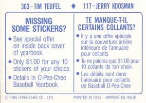 1985 O-Pee-Chee Stickers #117 / 303 Jerry Koosman / Tim Teufel Back