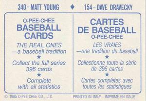 1985 O-Pee-Chee Stickers #154 / 340 Dave Dravecky / Matt Young Back