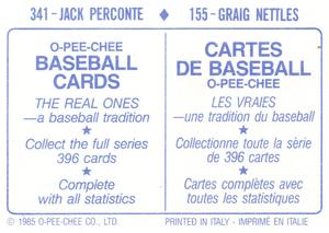 1985 O-Pee-Chee Stickers #155 / 341 Graig Nettles / Jack Perconte Back