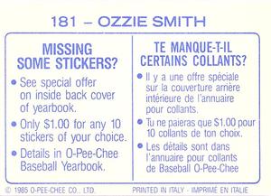 1985 O-Pee-Chee Stickers #181 Ozzie Smith Back