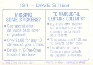 1985 O-Pee-Chee Stickers #191 Dave Stieb Back