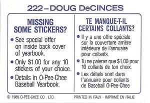 1985 O-Pee-Chee Stickers #222 Doug DeCinces Back