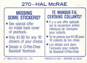 1985 O-Pee-Chee Stickers #270 Hal McRae Back