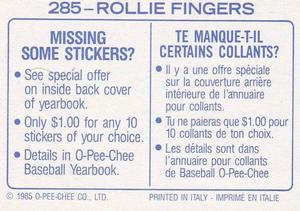 1985 O-Pee-Chee Stickers #285 Rollie Fingers Back