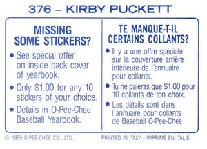 1985 O-Pee-Chee Stickers #376 Kirby Puckett Back
