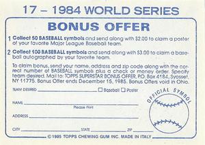 1985 Topps Stickers #17 1984 World Series Back