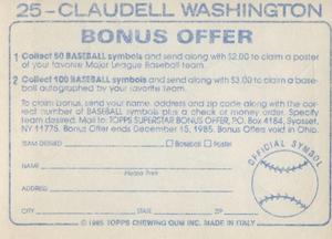 1985 Topps Stickers #25 Claudell Washington Back