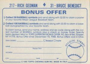 1985 Topps Stickers #31 / 217 Bruce Benedict / Rich Gedman Back