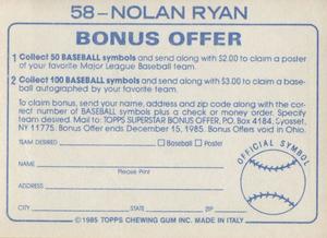 1985 Topps Stickers #58 Nolan Ryan Back